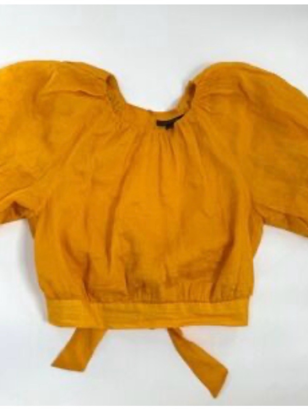 Banana Republic Yellow Ramie TopMustard Yellow Puff Sleeve  back open Crop Top